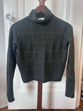 Vince Cashmere Dark Green Windowpane Turtleneck Sweater